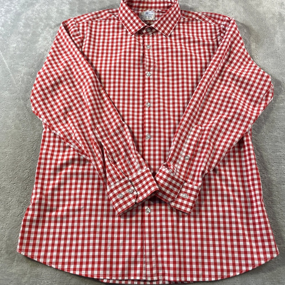 Mizzen Main Shirt Mens XXL Red White Trim Fit Gingham Performance Office‎ Casual